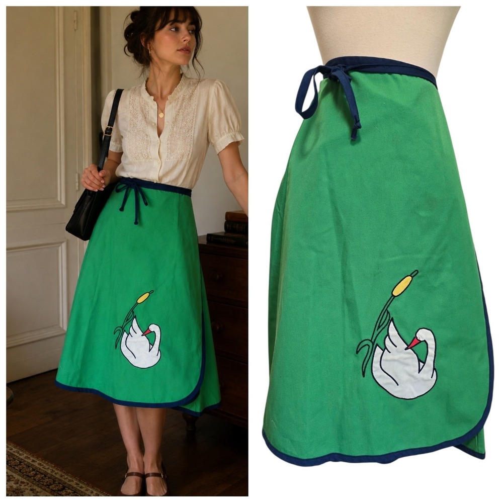 Vintage 70s Swan Wrap Skirt A-Line Midi Skirt Size Large Green